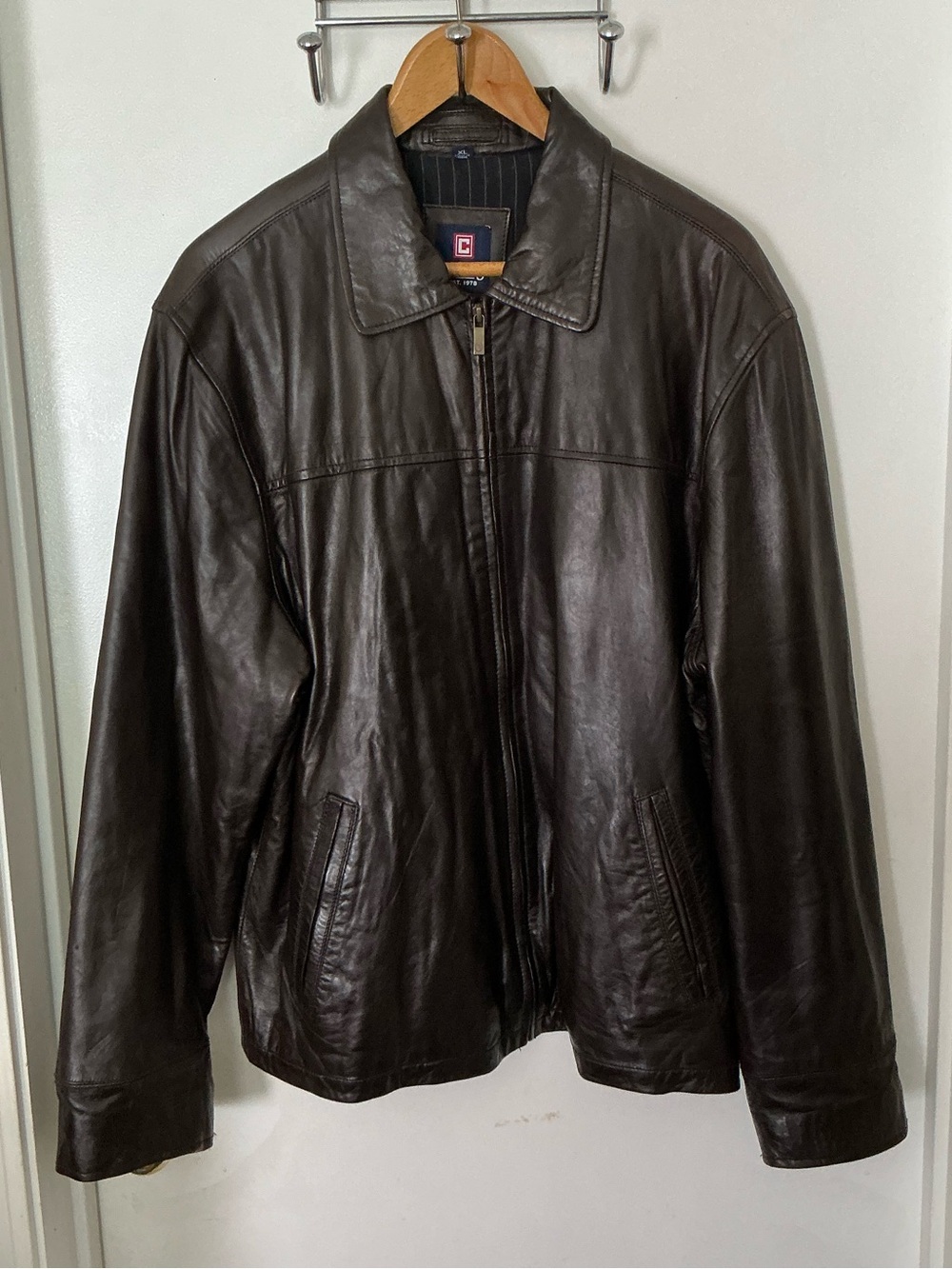 Chaps Classic Black Leather Jacket Car Coat XL
